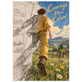 Figure stepping from pencil sketch into a colourful wildflower landscape beneath yellow ‘Courage Has Colour’ lettering.