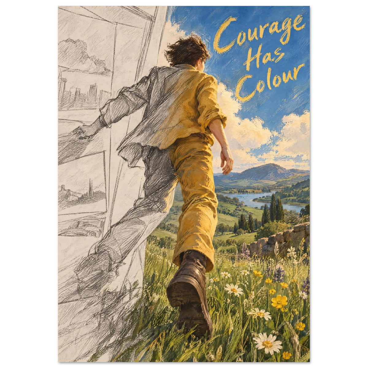 Figure stepping from pencil sketch into a colourful wildflower landscape beneath yellow ‘Courage Has Colour’ lettering.