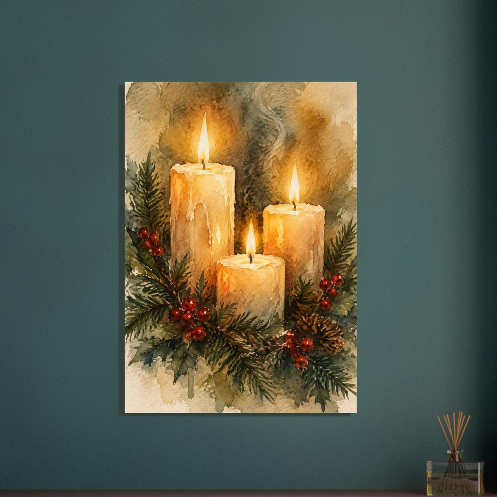Watercolour painting of three lit advent candles with spruce sprigs and red berries