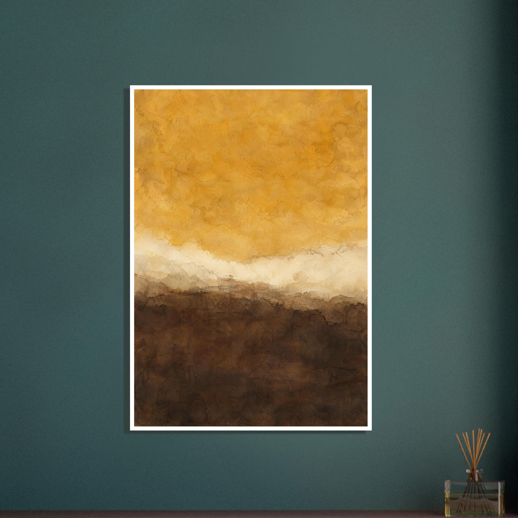 Abstract washes of golden ochre above a wavering cream band and deep brown layers, with softly textured edges.