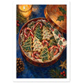 Open tin of iced Christmas tree biscuits and candy canes, with a candle, holly, pine cone and gold star on blue.