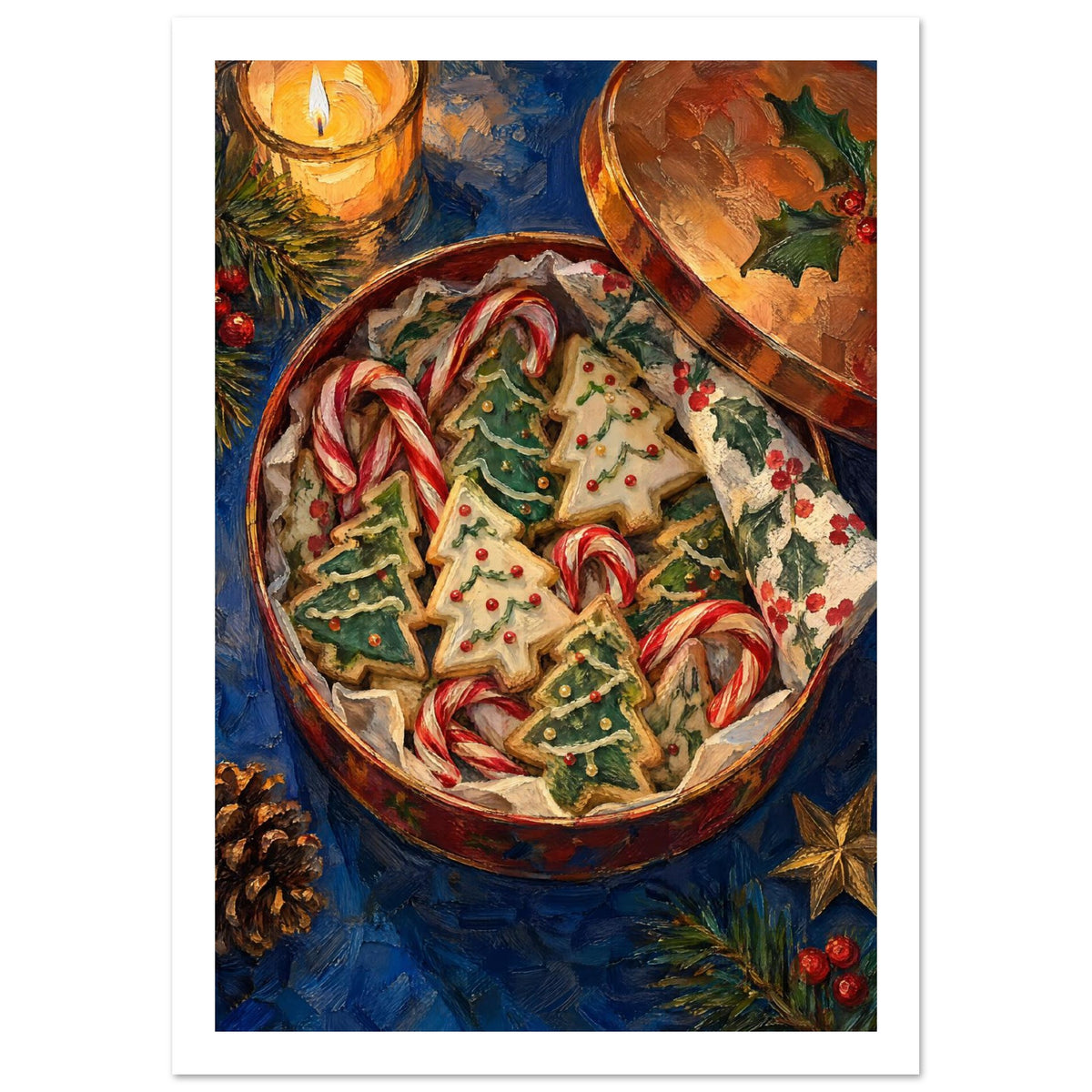 Open tin of iced Christmas tree biscuits and candy canes, with a candle, holly, pine cone and gold star on blue.