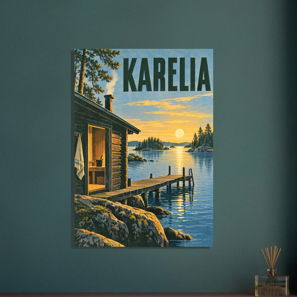 Karelia travel poster with a timber sauna, wooden jetty, rocky lake shore and pine islands beneath a golden sun.