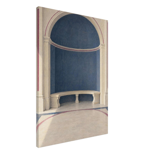 Blue arched alcove with a curved cream stone bench, classical columns and rose-coloured borders across the floor.