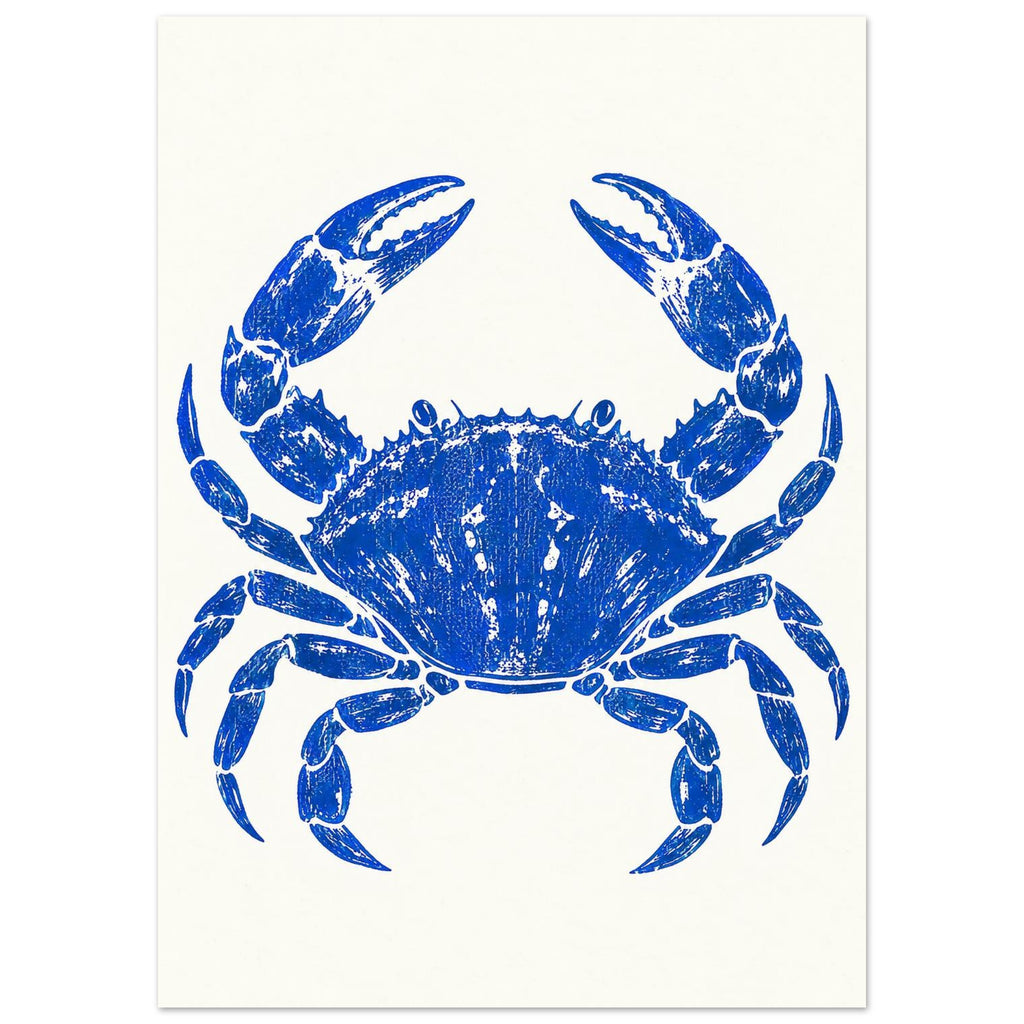 Ultramarine blue crab with raised claws and distressed detailing, centred on a warm cream background.