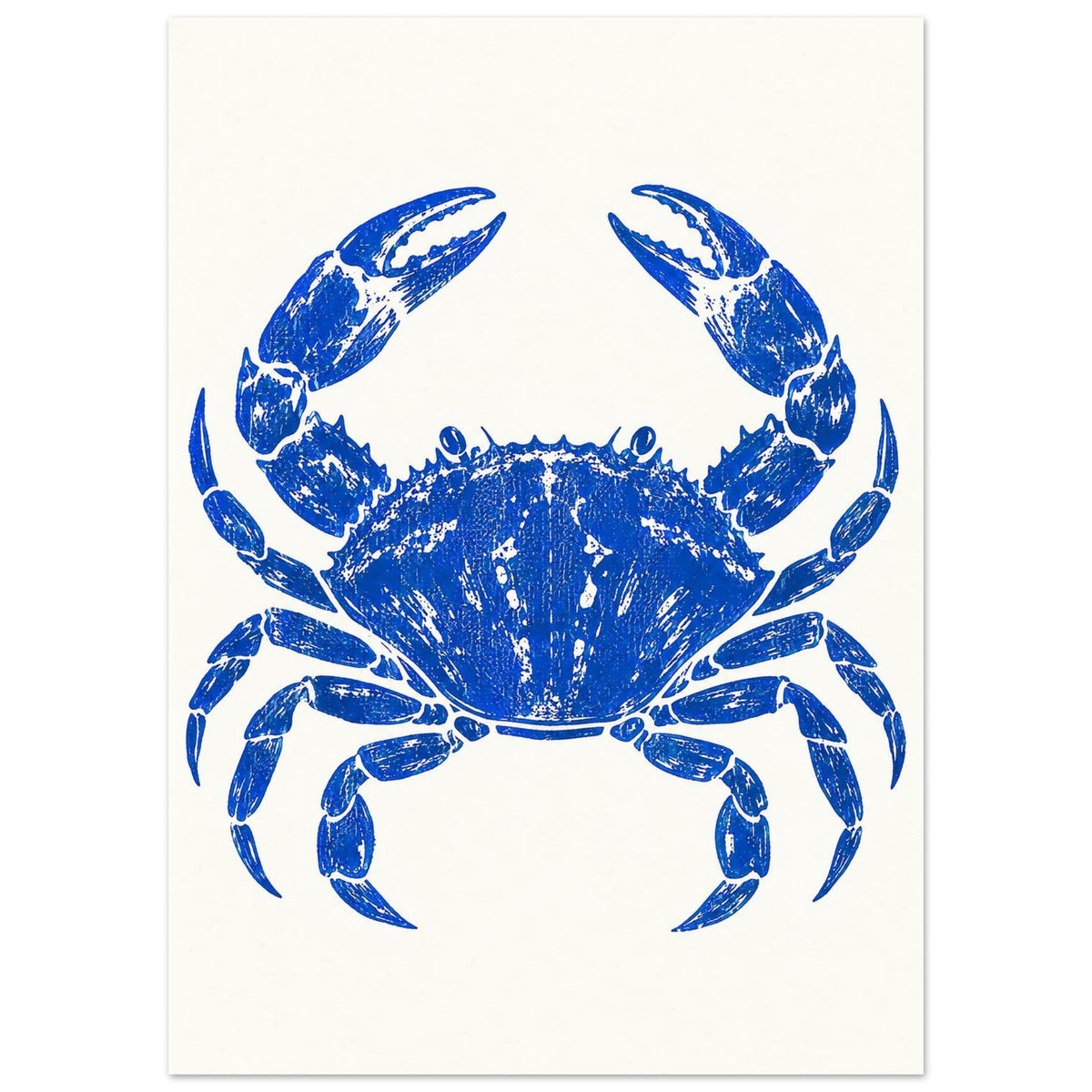 Ultramarine blue crab with raised claws and distressed detailing, centred on a warm cream background.