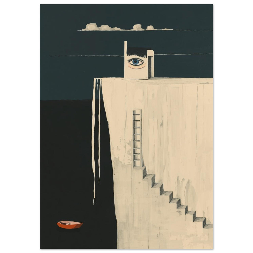 A blue eye above a cream wall with a ladder and descending stairs, beside dark water holding a small orange boat.