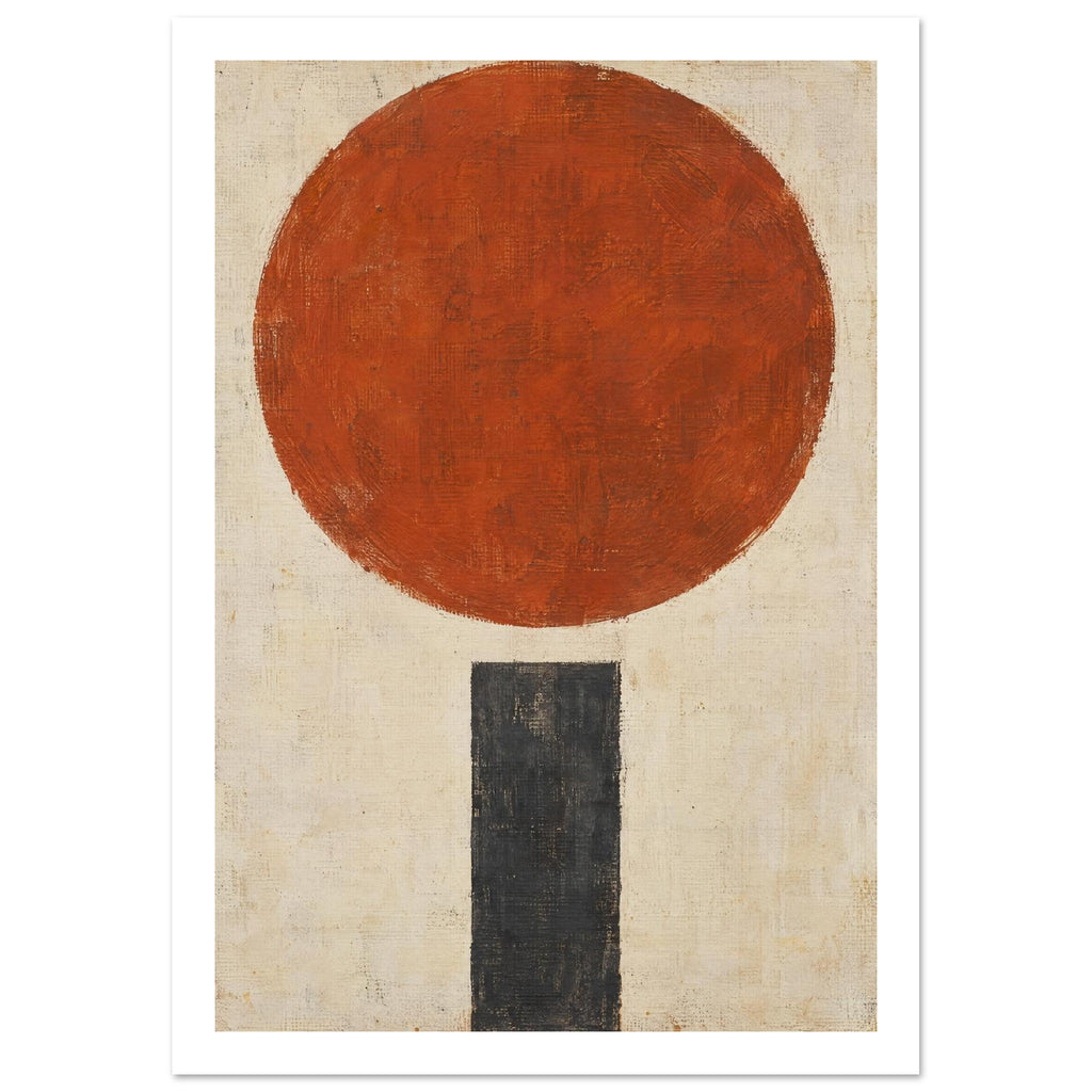 Large textured terracotta circle above a narrow charcoal rectangle on a distressed cream background.