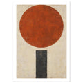 Large textured terracotta circle above a narrow charcoal rectangle on a distressed cream background.
