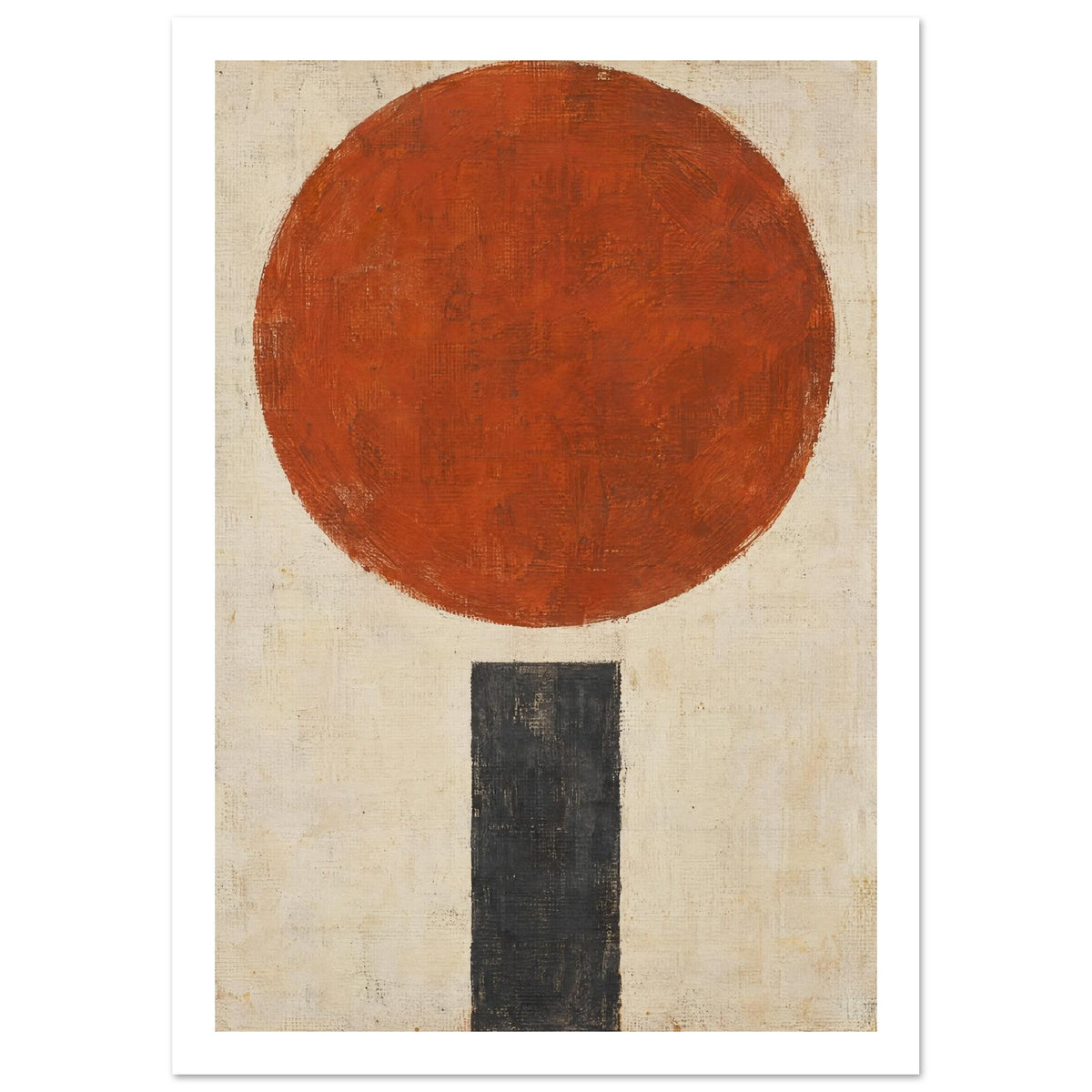Large textured terracotta circle above a narrow charcoal rectangle on a distressed cream background.