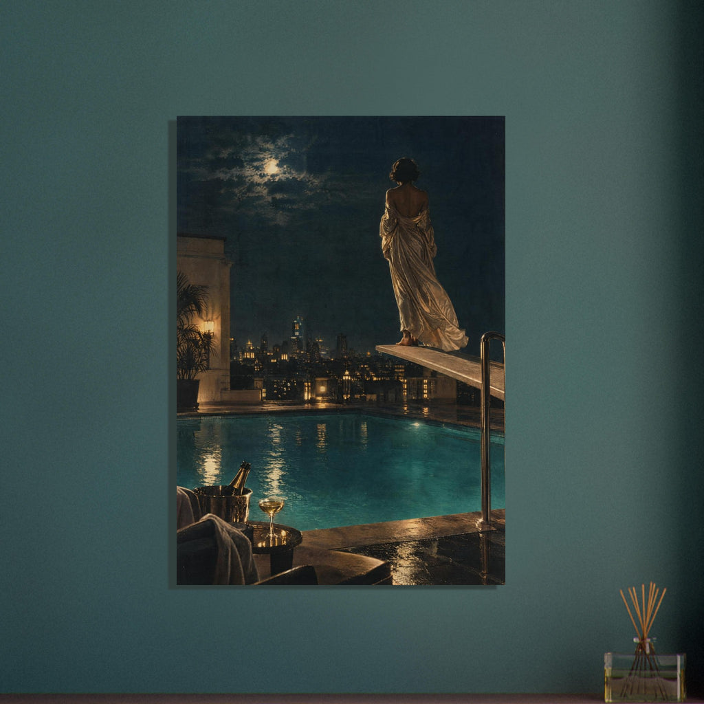 Woman in a flowing gown on a diving board above a rooftop pool, with a moonlit city skyline and champagne in the foreground.