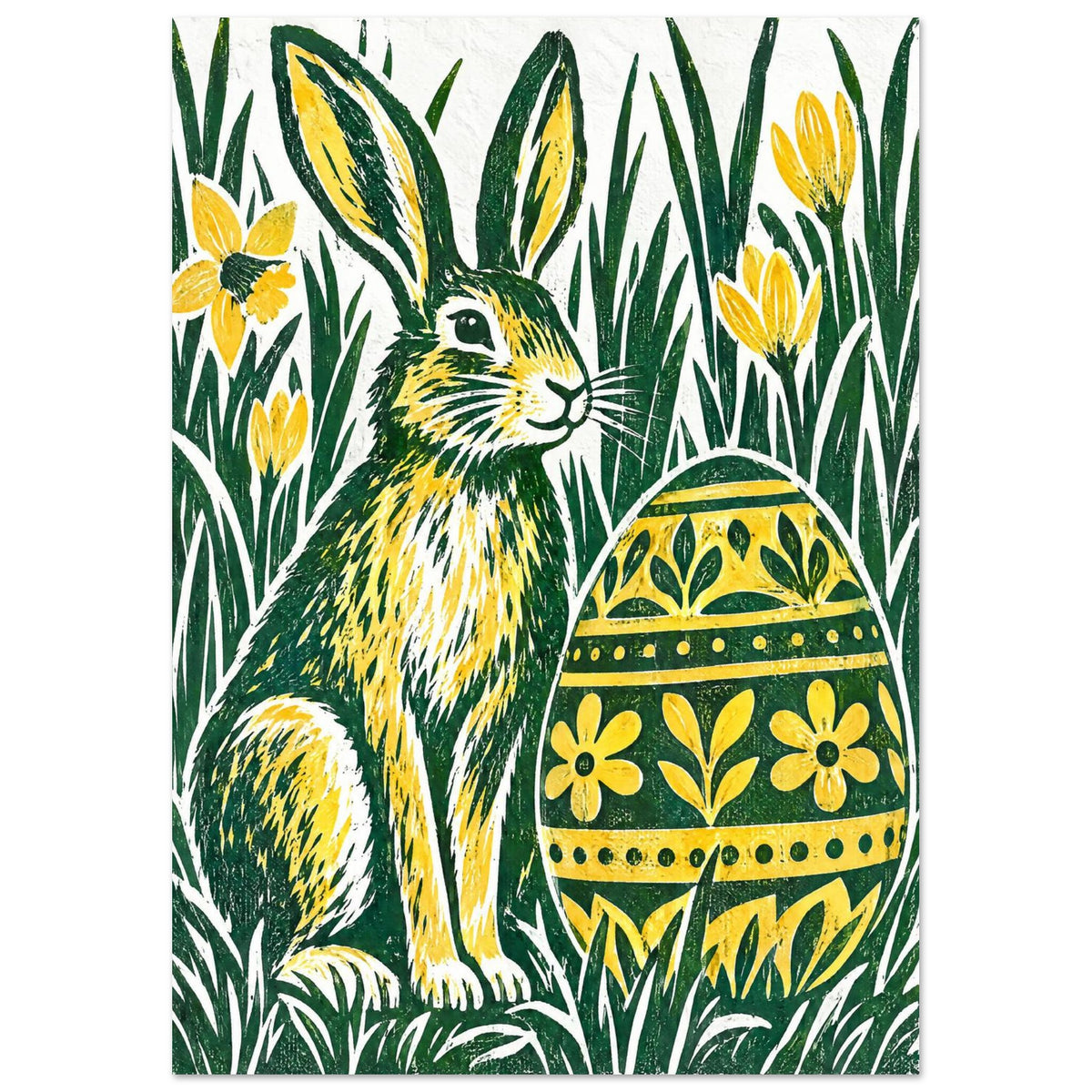 Green and yellow hare beside a floral-patterned Easter egg, surrounded by tall grass and yellow flowers on off-white.