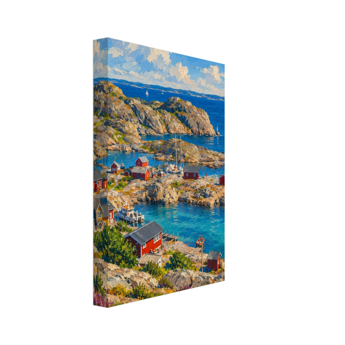 Rocky coastal village with red cottages, turquoise inlets, wooden jetties and sailboats beneath a blue, cloud-filled sky.