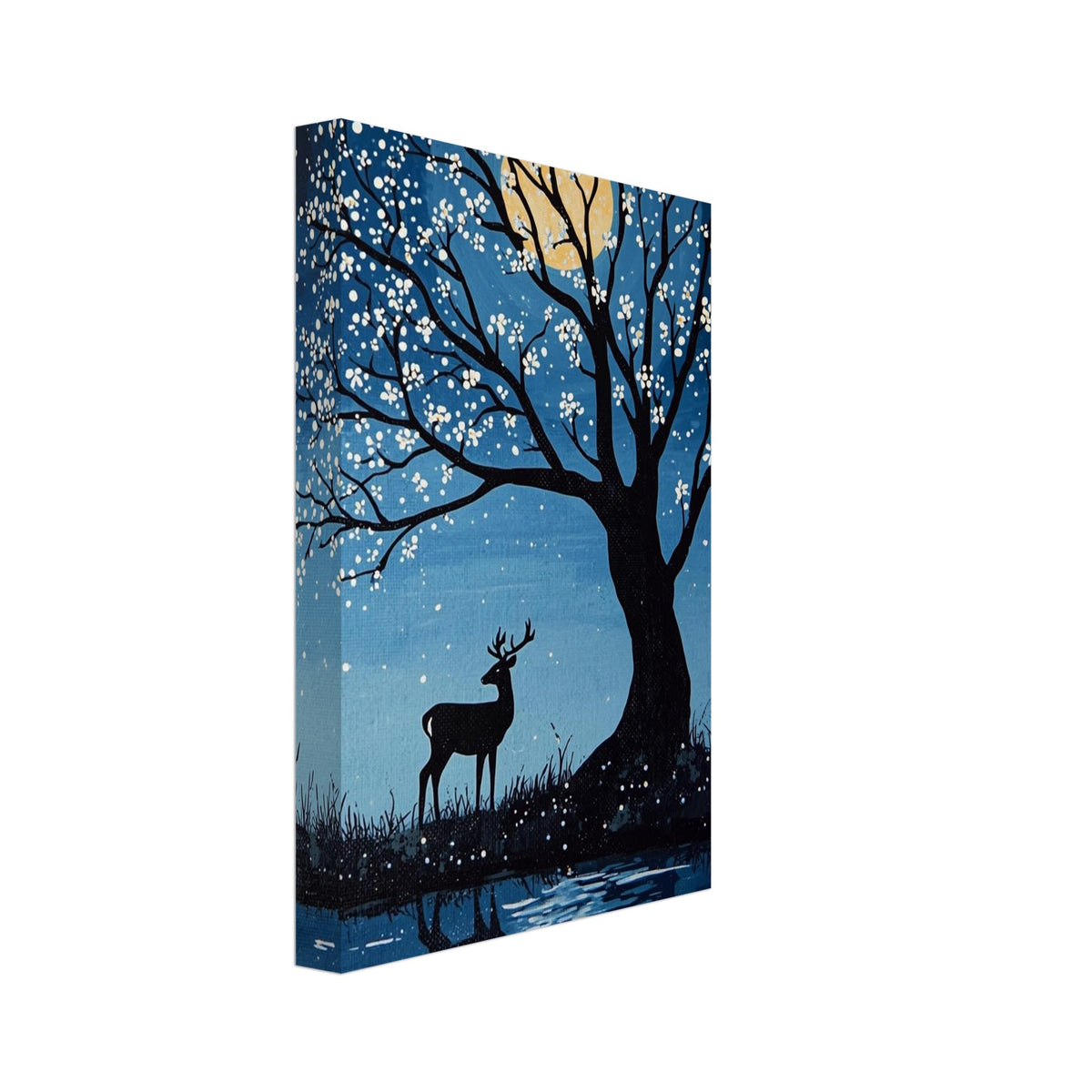Deer beneath a black tree with white blossom-like dots, a yellow moon in a blue sky and reflections in water below.