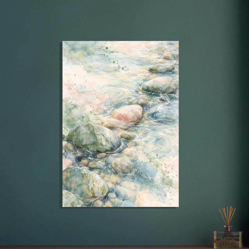 Watercolour of rounded pebbles in shallow flowing water, with soft blue, green and cream washes and fine white ripples.