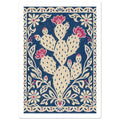 Cream prickly pear cactus with pink blooms on a textured navy background, surrounded by an ornate floral border.