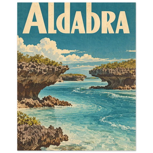 Aldabra lettering above turquoise water winding between overhanging rocky shores beneath a teal sky with cream clouds.