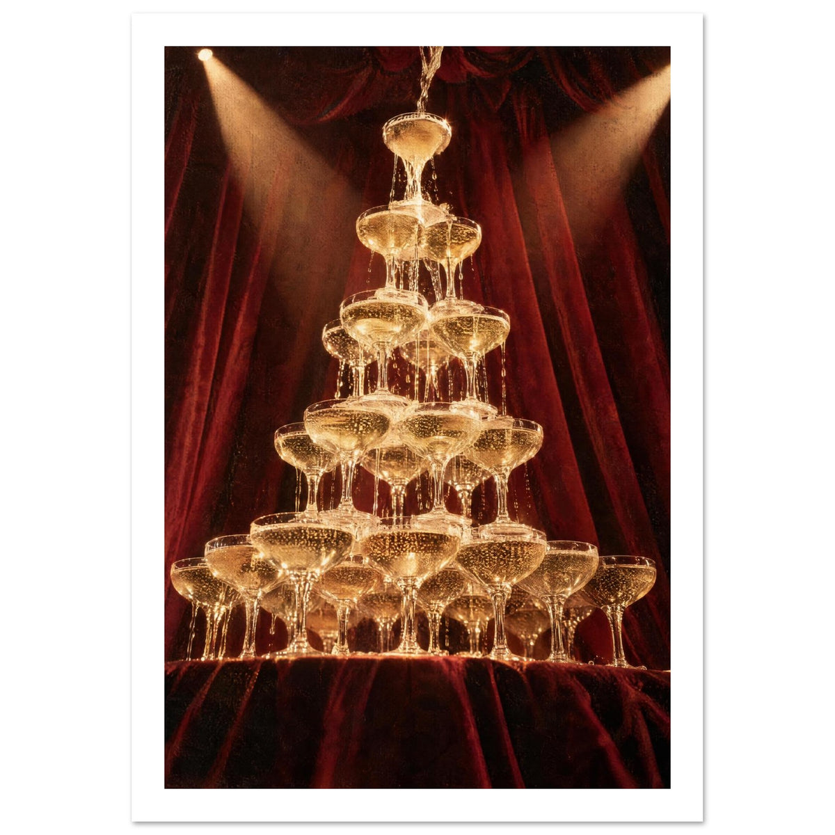 Champagne cascading down a tower of coupe glasses, lit by warm spotlights against deep burgundy curtains.
