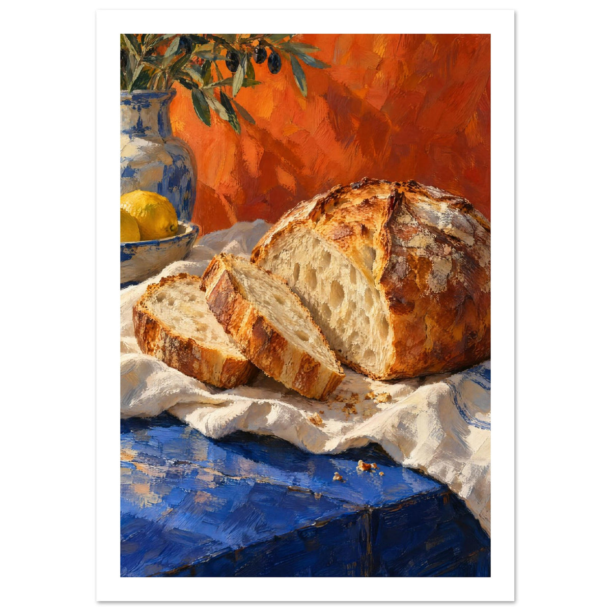 Sliced crusty loaf on cream cloth over a blue table, with lemons, pottery and olive branches against an orange backdrop.
