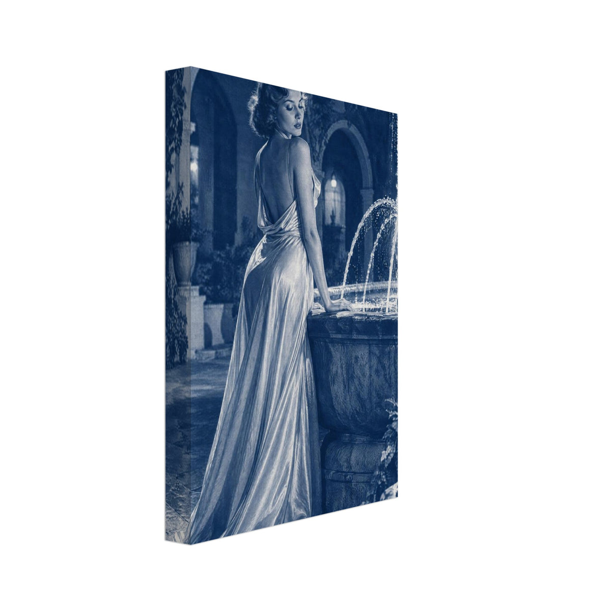 Woman By Fountain Blue Art Print – Canvas