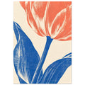 Coral tulip with a blue stem and sweeping blue leaves on cream, rendered with grainy texture and fine linear details.