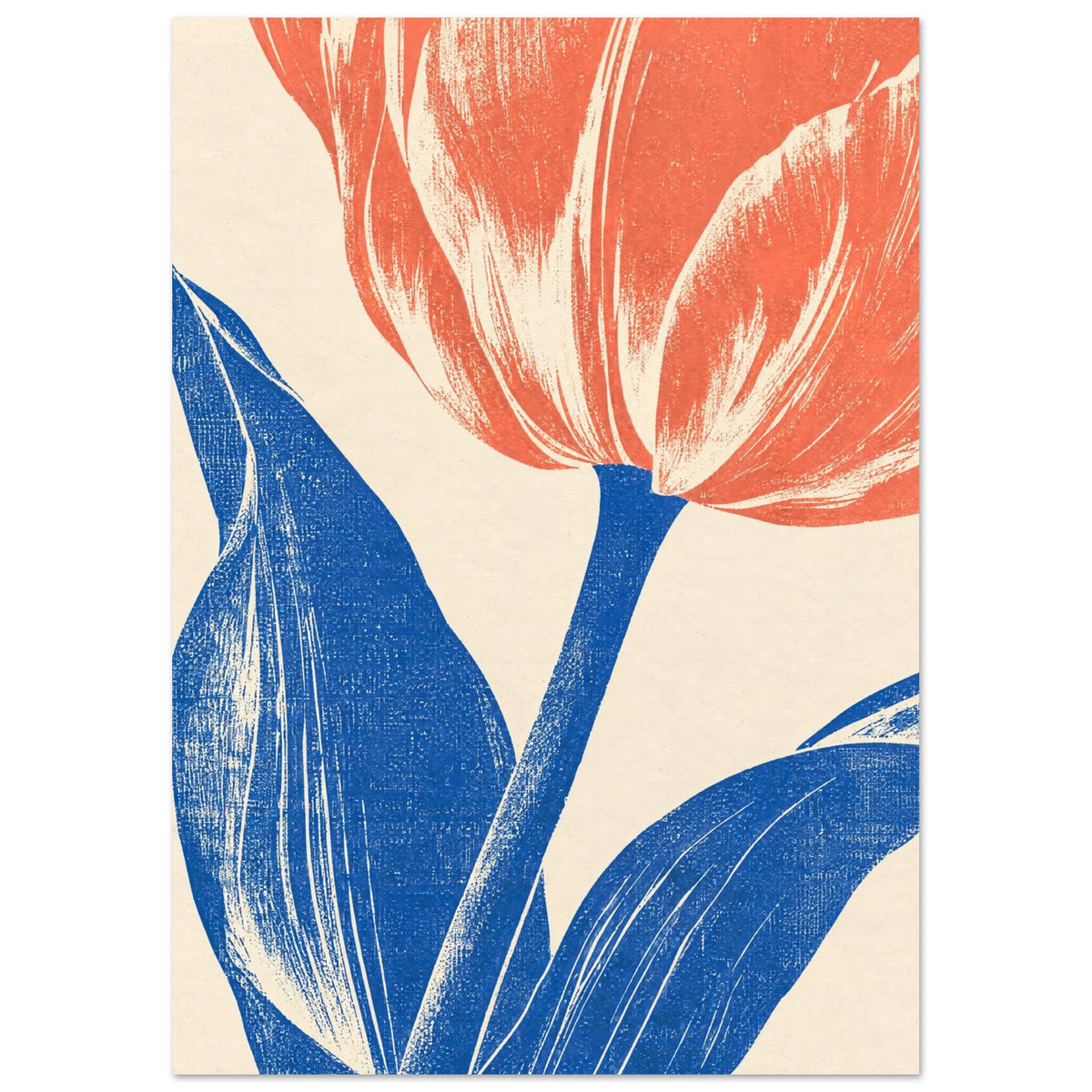 Coral tulip with a blue stem and sweeping blue leaves on cream, rendered with grainy texture and fine linear details.