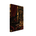 Black grand piano in an ornate lounge with burgundy curtains, golden chandeliers, velvet chairs and a staircase.