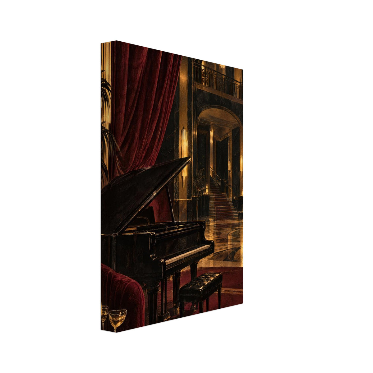 Black grand piano in an ornate lounge with burgundy curtains, golden chandeliers, velvet chairs and a staircase.