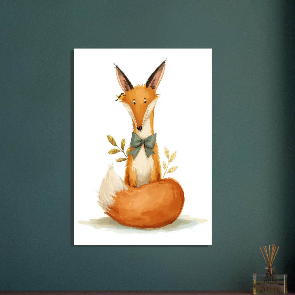Orange fox wearing a green bow tie, with a curled cream-tipped tail, a tiny yellow bird and leafy sprigs on white.