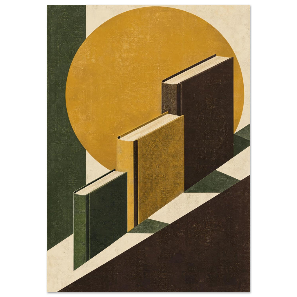 Three upright books in green, mustard and brown on a diagonal, with a mustard circle and textured geometric background.