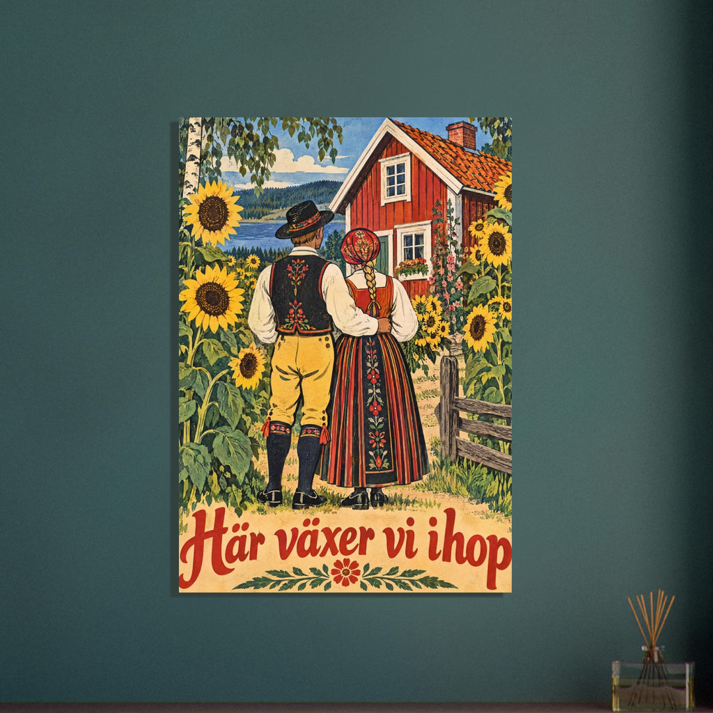 Ett par i folkdräkt sett bakifrån framför en röd stuga och höga solrosor med texten Här växer vi ihop.