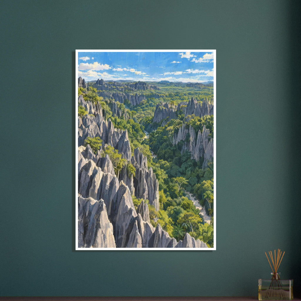 Jagged grey stone pinnacles rising through dense green forest beneath a blue sky with scattered white clouds.