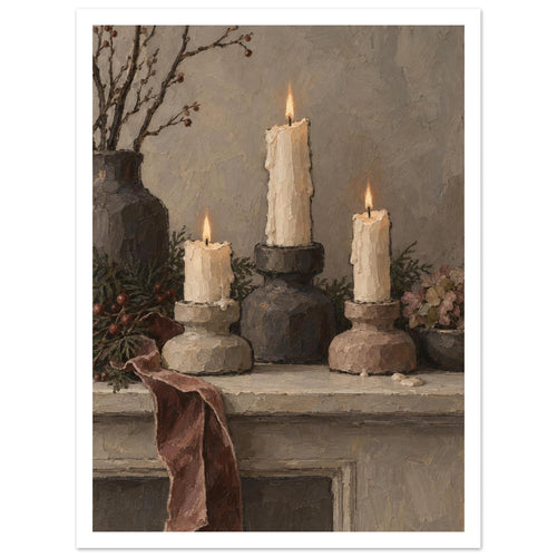 Three lit ivory candles on chunky holders, with a dark vase, branches, greenery and a draped burgundy ribbon.
