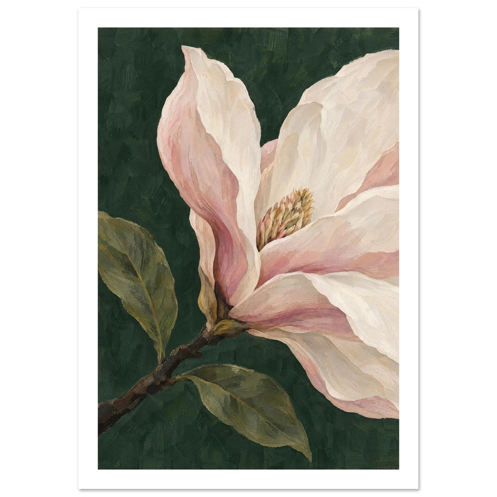 Magnolia blossom with cream and pink petals, olive-green leaves and a brown branch against a dark green painted background.
