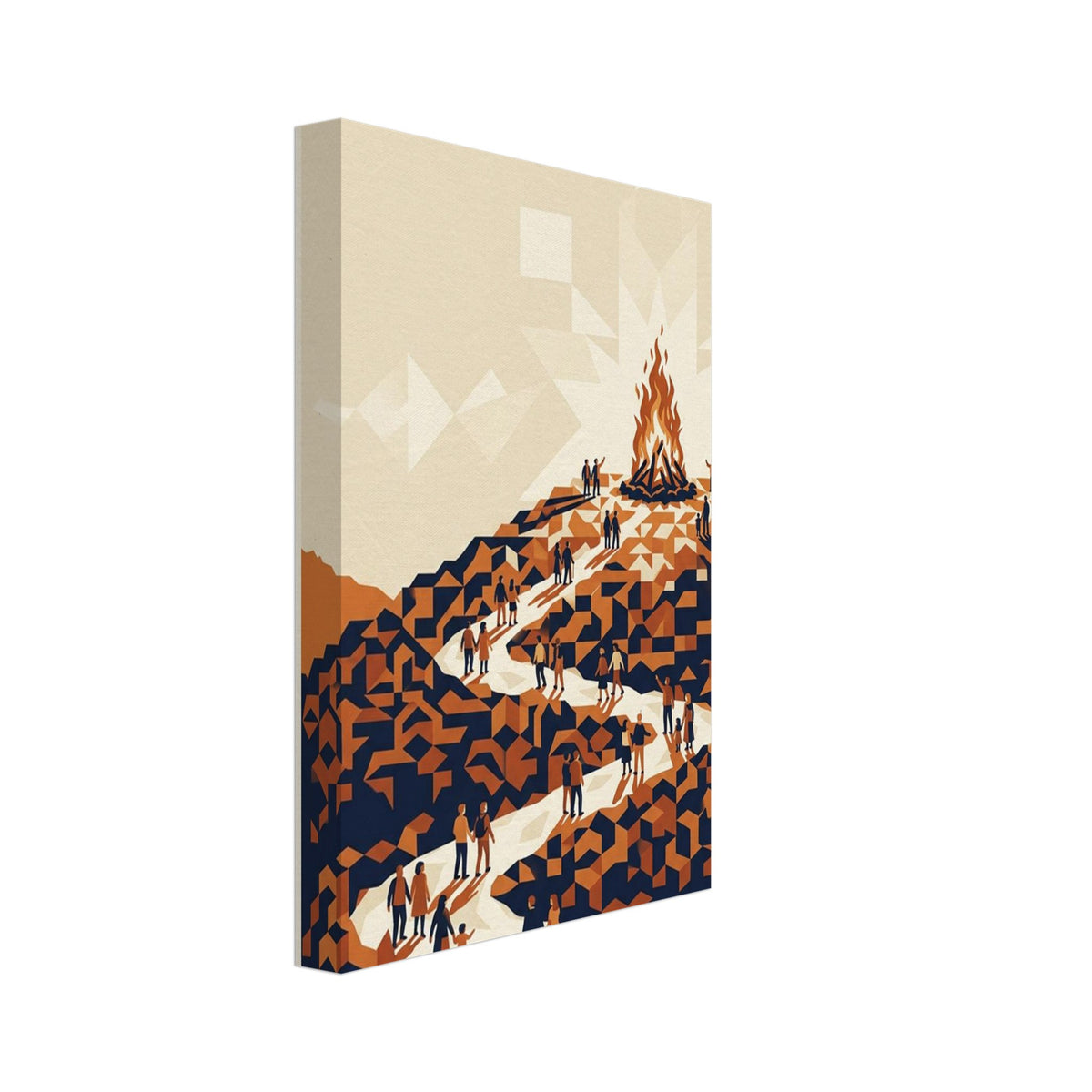 Figures follow a winding cream path up an orange and navy geometric hillside towards a tall bonfire beneath a pale sky.