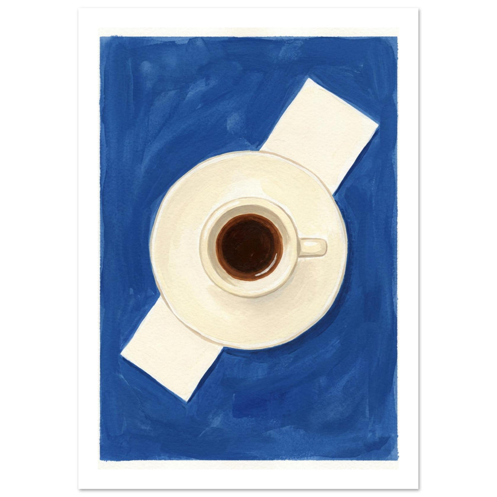 Espresso cup and cream saucer viewed from above on a diagonal pale napkin against a brushy blue background.