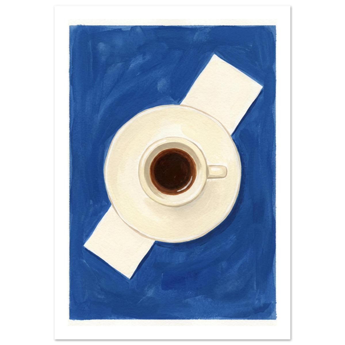 Espresso cup and cream saucer viewed from above on a diagonal pale napkin against a brushy blue background.