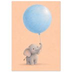 Smiling grey baby elephant holding an oversized pale blue balloon with its raised trunk against a peach background.