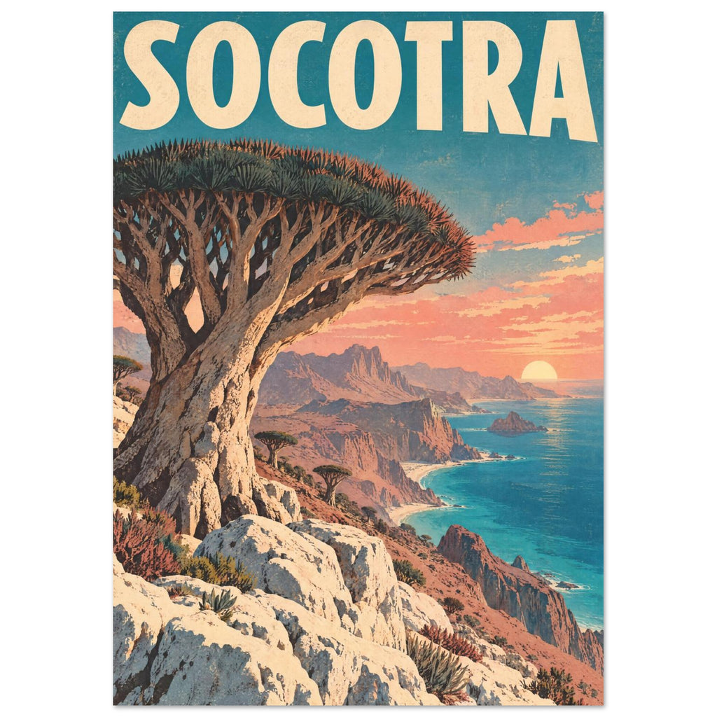 Dragon blood tree above rocky cliffs and turquoise sea at sunset, with large cream SOCOTRA lettering across the top.