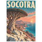 Dragon blood tree above rocky cliffs and turquoise sea at sunset, with large cream SOCOTRA lettering across the top.
