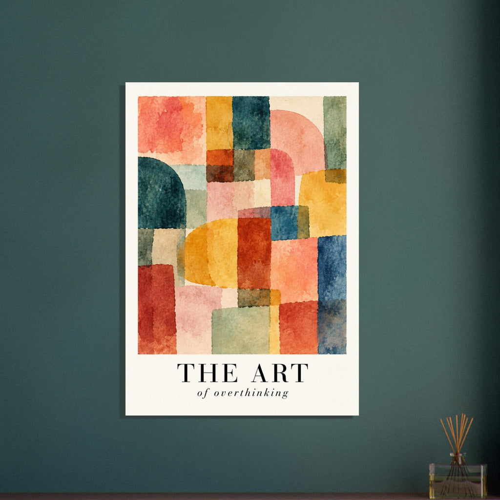 Geometric watercolour shapes in coral, yellow, teal and green above the black lettering ‘THE ART of overthinking’.