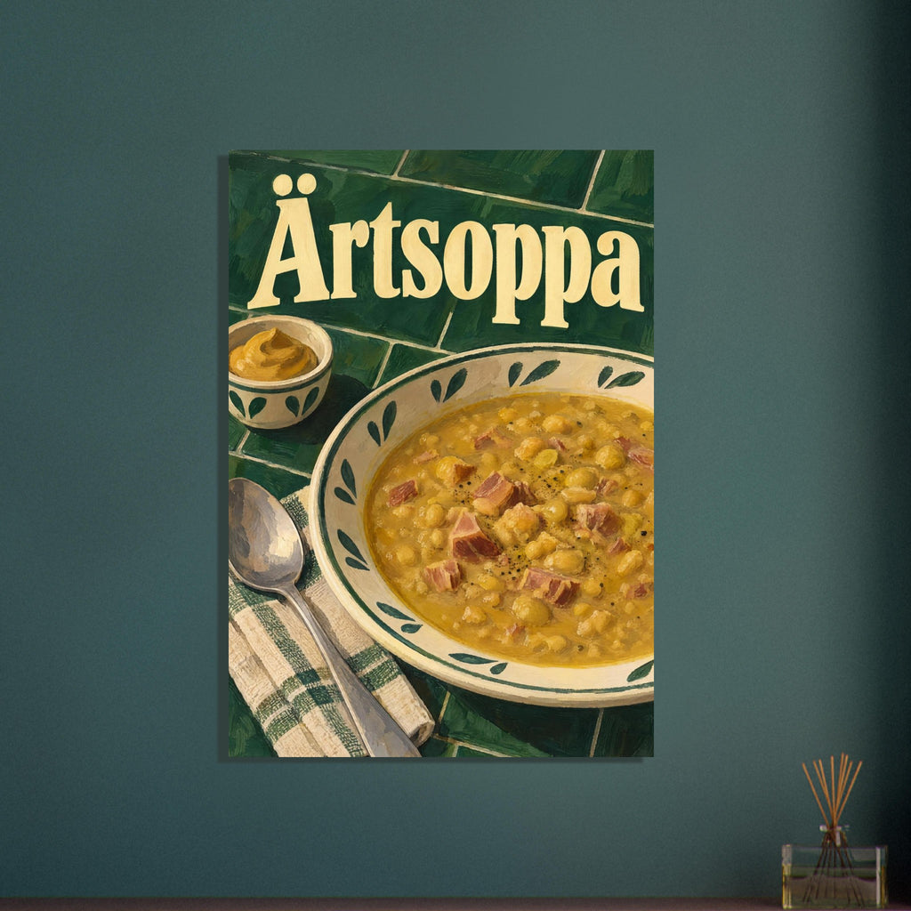 Ärtsoppa i en grund skål med sked och senap på skogsgröna kakelplattor under en stor rubrik.