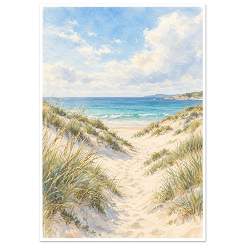 Sand dunes with grasses and footprints leading to turquoise waves beneath a blue sky with soft white clouds.