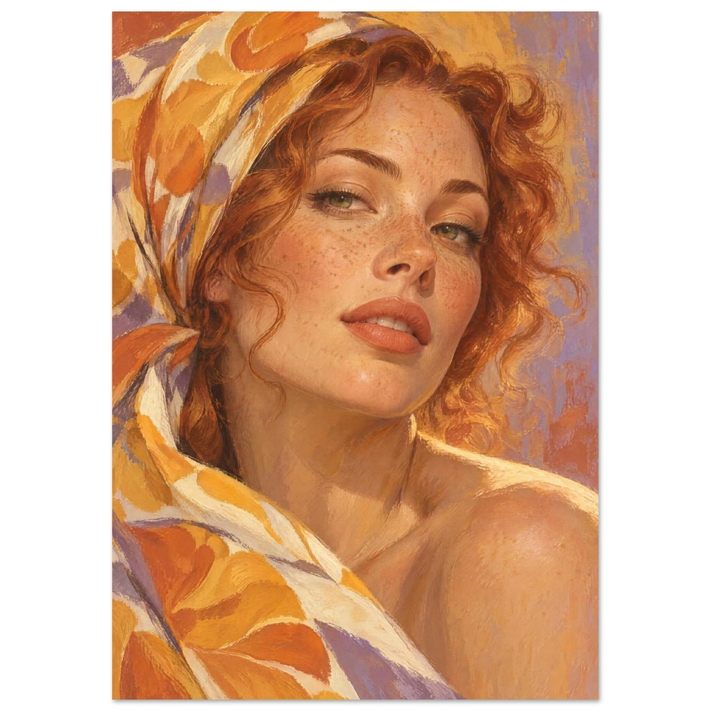 Marigold Close-Up portrays a freckled woman with auburn curls framed by a silk scarf patterned with large mustard petals.
