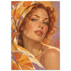 Marigold Close-Up portrays a freckled woman with auburn curls framed by a silk scarf patterned with large mustard petals.