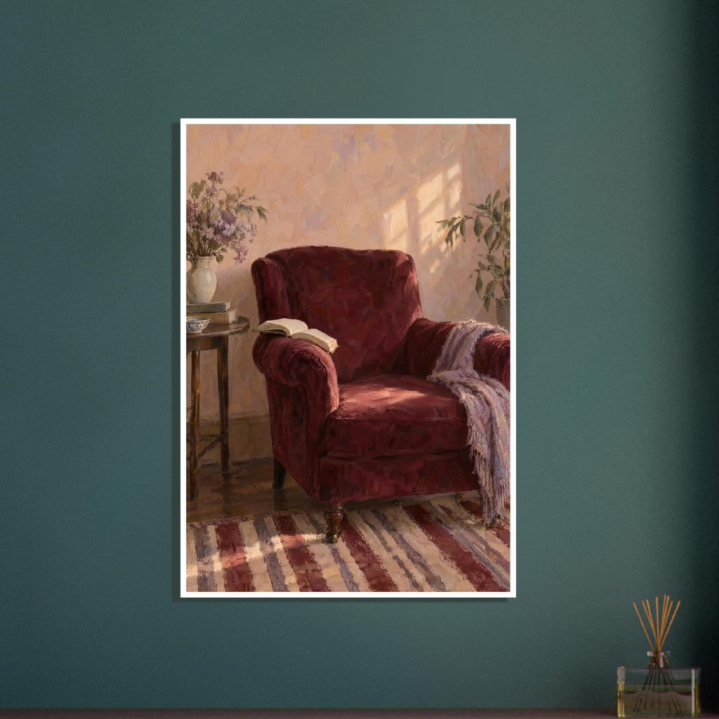 Burgundy armchair with an open book and lilac throw beside a table with flowers, books and a cup in a sunlit room.