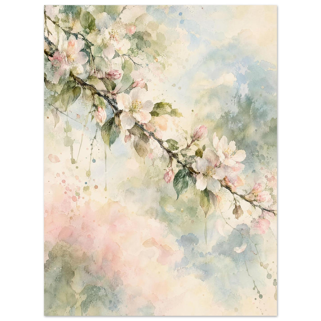Flowering branch with pale pink and white blossom and green leaves against soft cream, blue and pink watercolour washes.