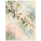 Flowering branch with pale pink and white blossom and green leaves against soft cream, blue and pink watercolour washes.