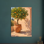 Orange tree in a terracotta pot on sunlit courtyard paving, with leafy shadows cast across a peach wall.