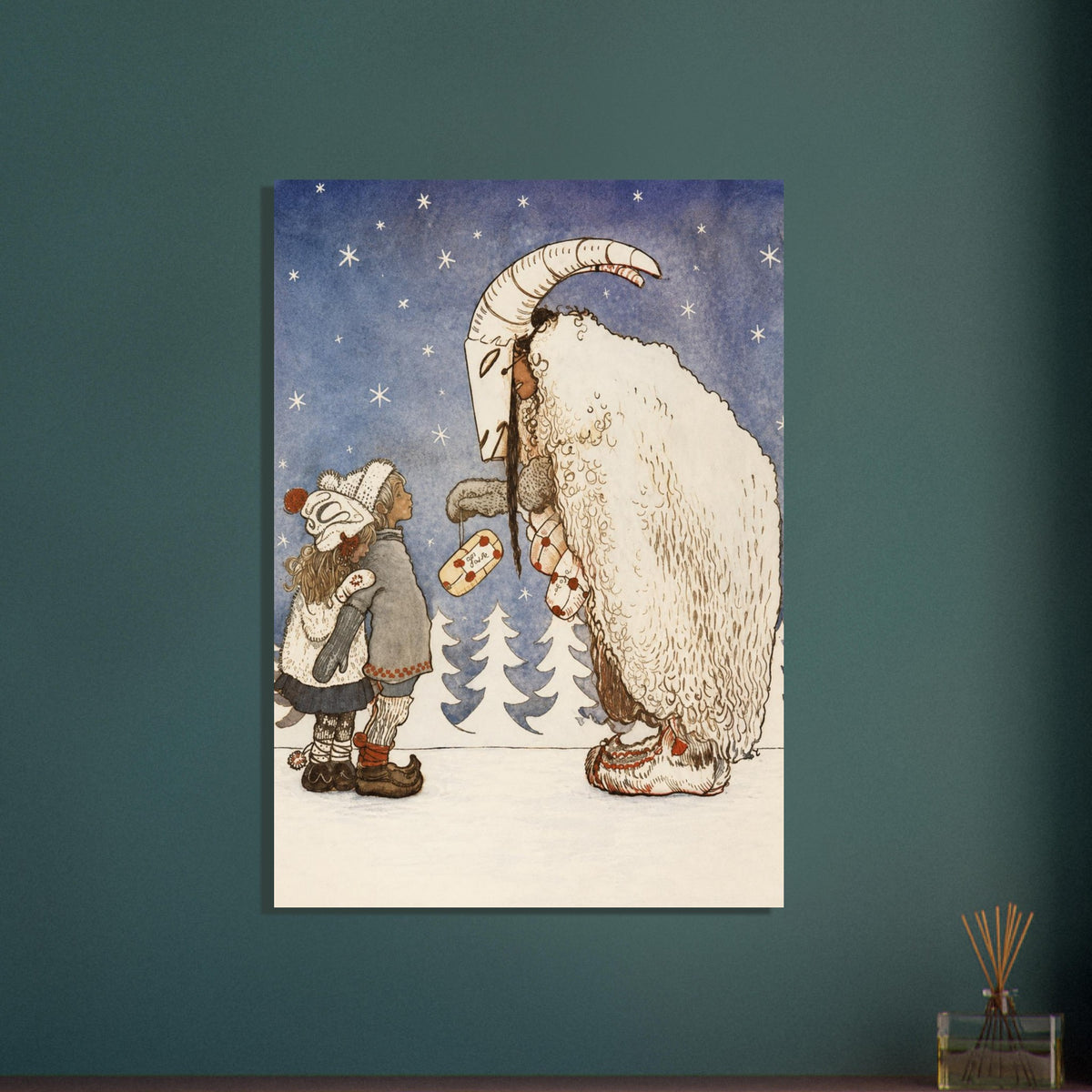 Two children face a figure in a horned goat mask and shaggy cream cloak beneath stars, with parcels and snowy fir trees.